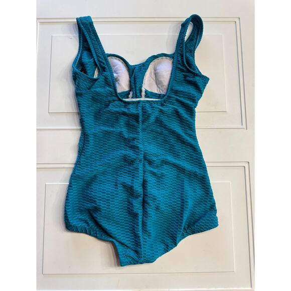 Maxine of Hollywood Textured Front Ruched One Piece Swimsuit Blue Size 6 - Picture 3 of 4